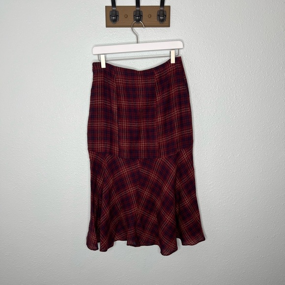 Anthropologie Maeve Burgundy Plaid Wool Midi Skirt - Picture 10 of 10